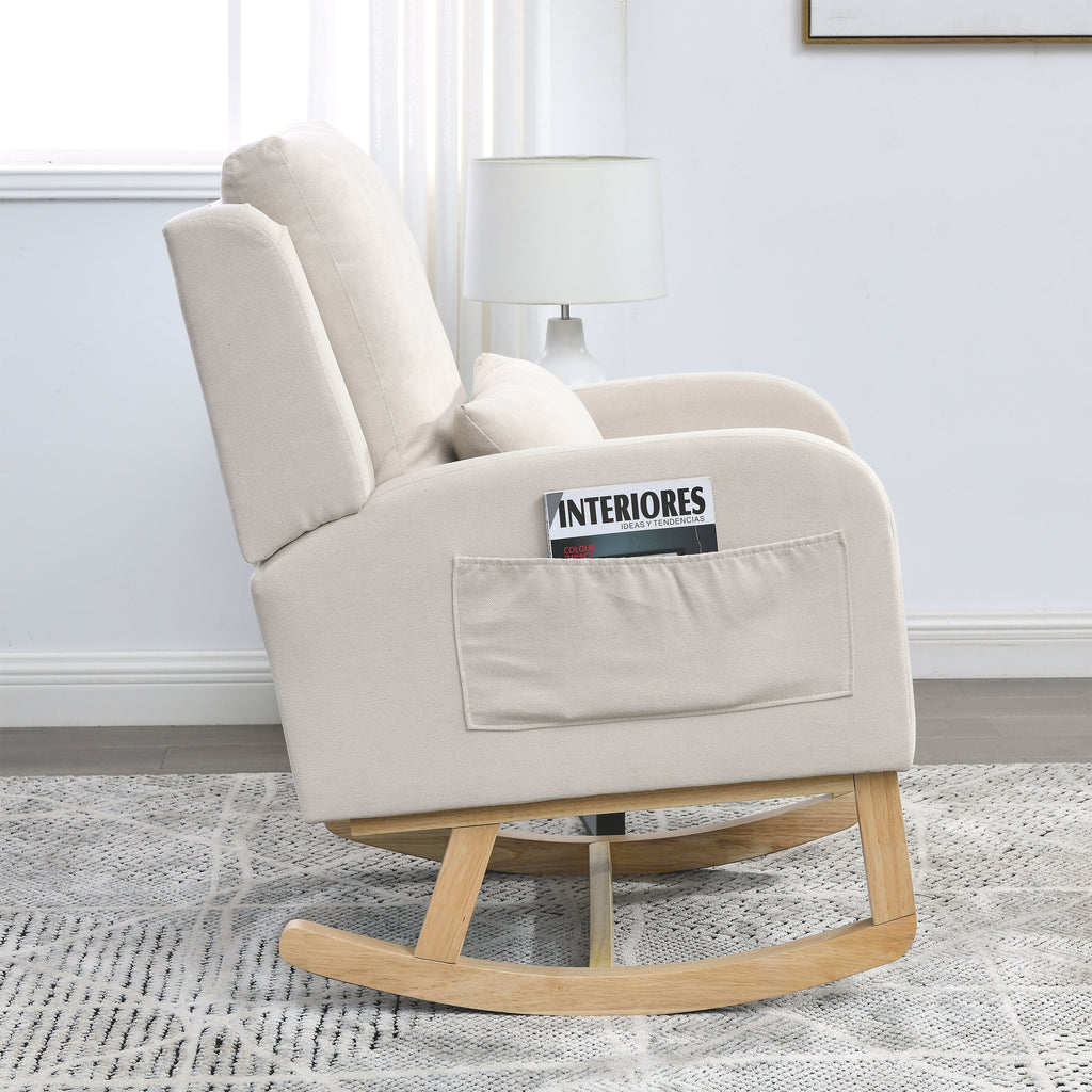 27.5 " Modern Accent High Back Living Room Casual Armchair Rocker With One Lumbar Pillow, Two Side Pockets.