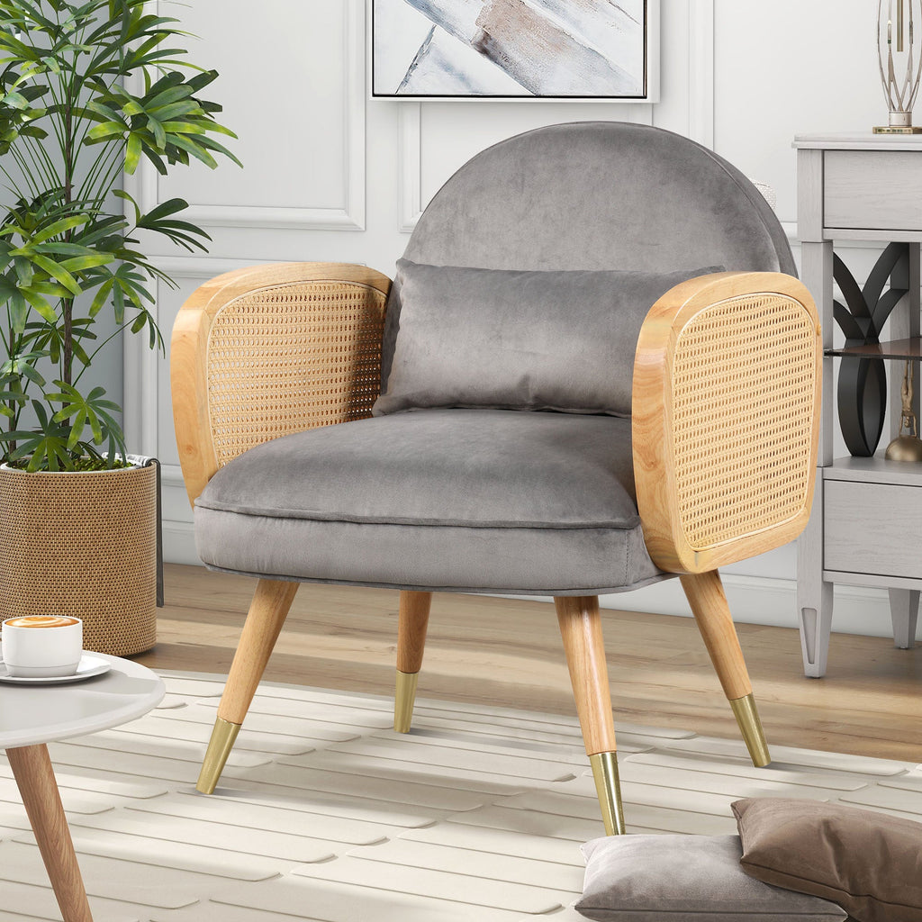 Amchair With Rattan Armrest and Metal Legs Upholstered Mid Century Modern Chairs for Living Room or Reading Room, Grey