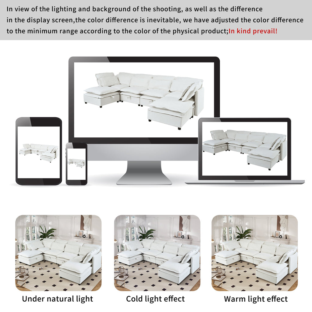 Double-Layer Cushion Modern Large U-Shaped Modular Sofa, Freely Combinable 6-Seater With Storage Function, Convertible T
