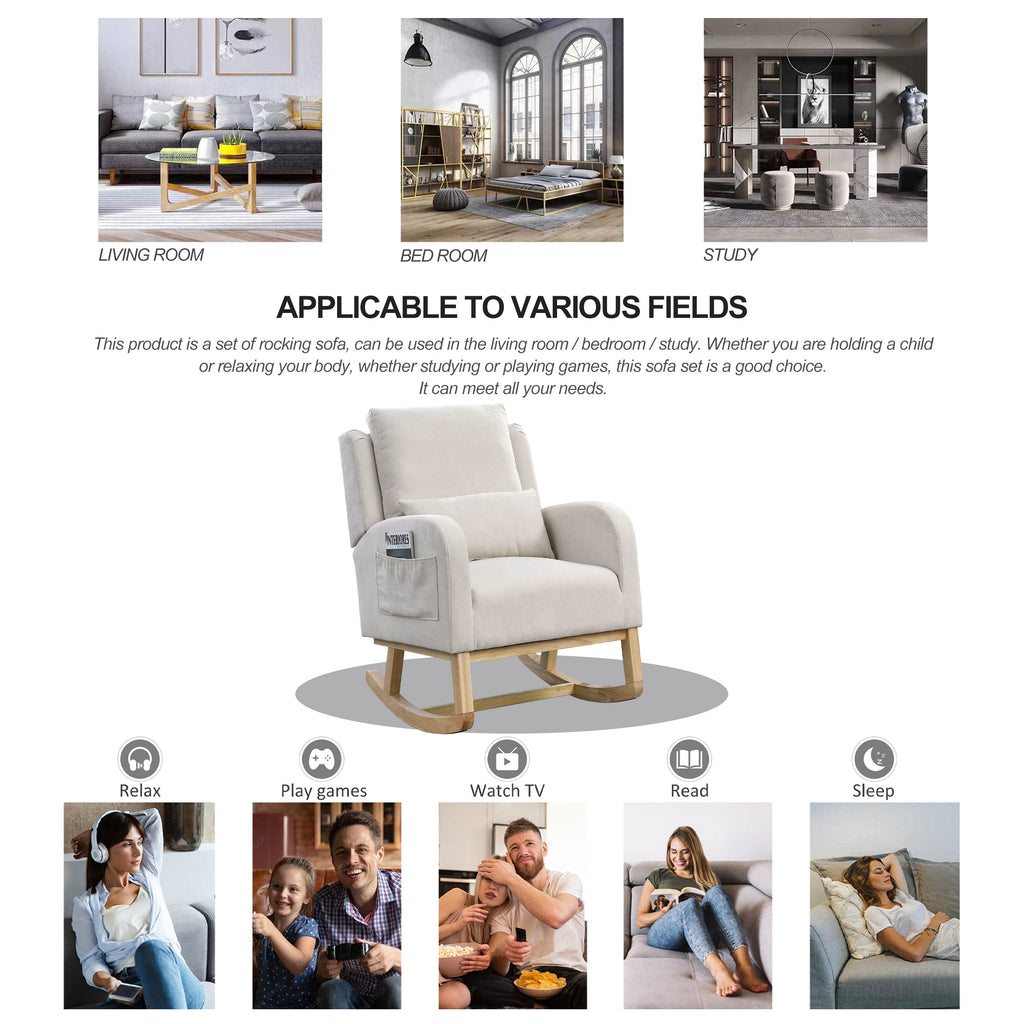 27.5 " Modern Accent High Back Living Room Casual Armchair Rocker With One Lumbar Pillow, Two Side Pockets.