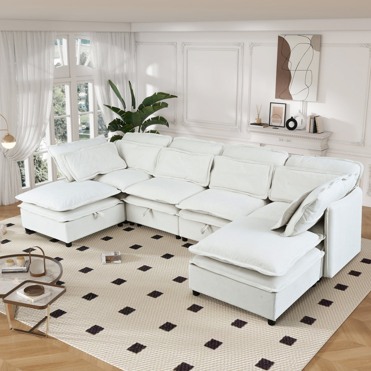 Double-Layer Cushion Modern Large U-Shaped Modular Sofa, Freely Combinable 6-Seater With Storage Function, Convertible T