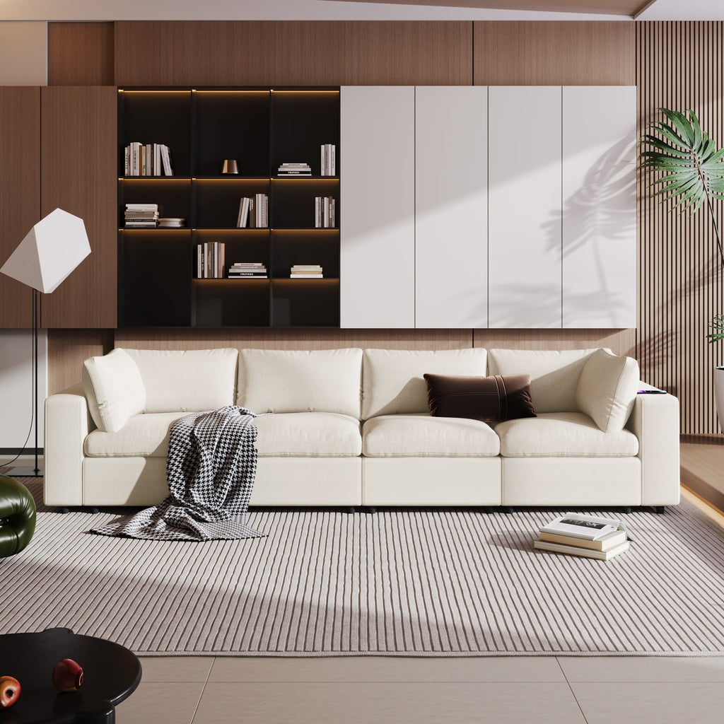 Upholstered Modular Sofa With  With Storage Space, USB Charge Ports,Wireless Charging and Built-In Bluetooth Speaker in